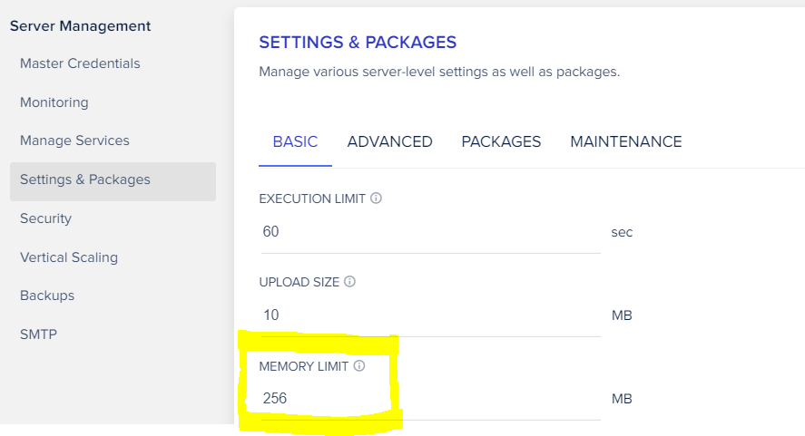 Cloudways server settings screenshot