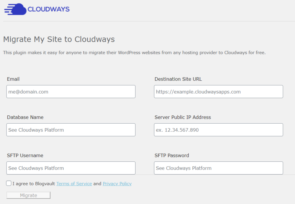 Cloudways WordPress Migrator plugin dashboard