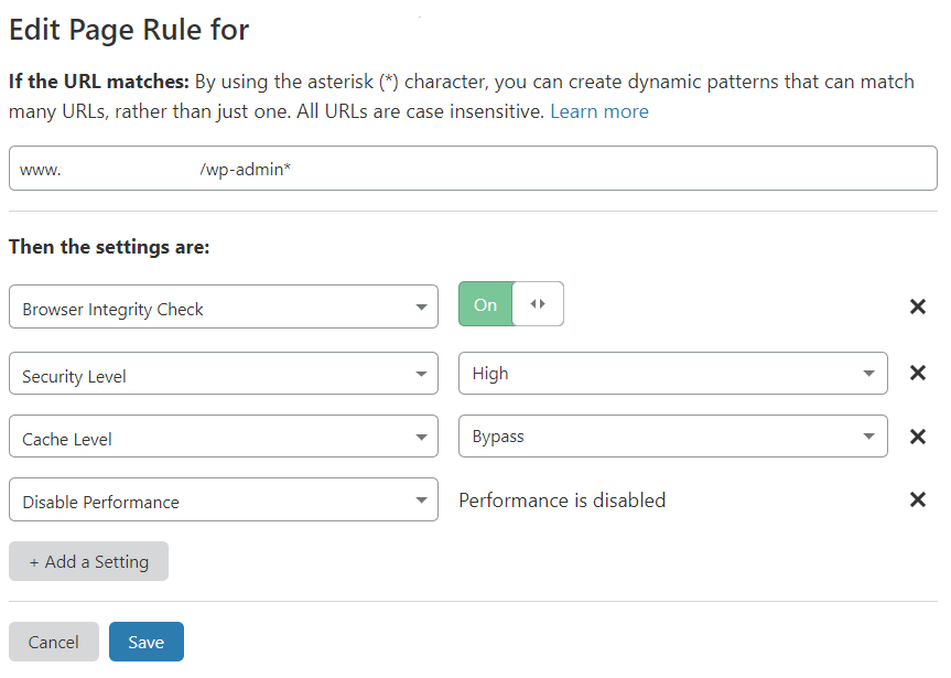screenshot of Cloudflare Page Rule