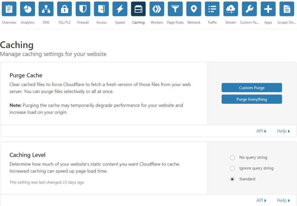 screenshot of Cloudflare caching