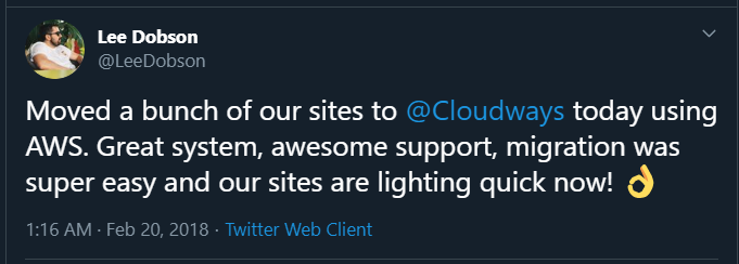Cloudways review screenshot of Twitter user 