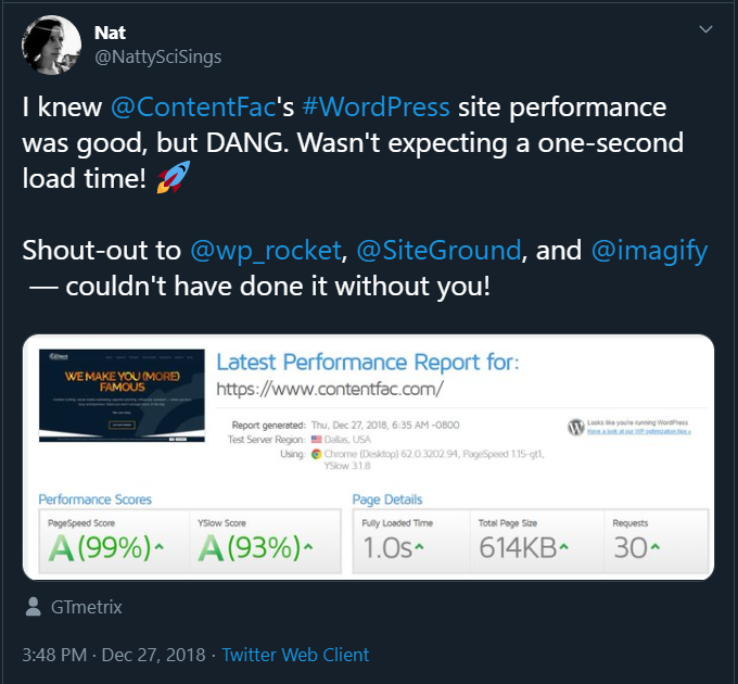 screenshot of Twitter review for Siteground