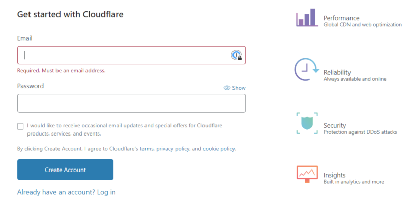 screenshot of Cloudflare sign-up