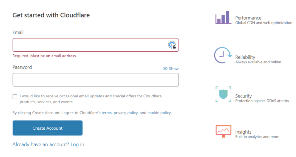 screenshot of Cloudflare sign-up