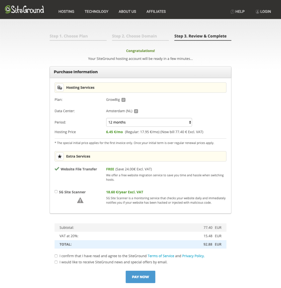 Screenshot showing how to sign up or SiteGround hosting plans and set up a WordPressAccount.