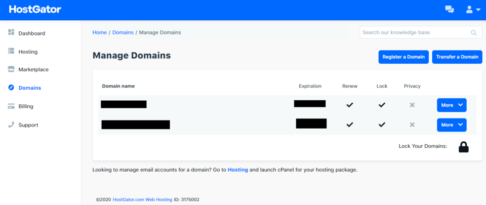 screenshot Hostgator manage Domains