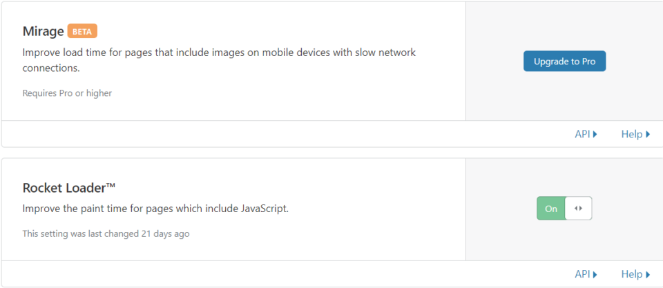 screenshot of Cloudflare settings speed