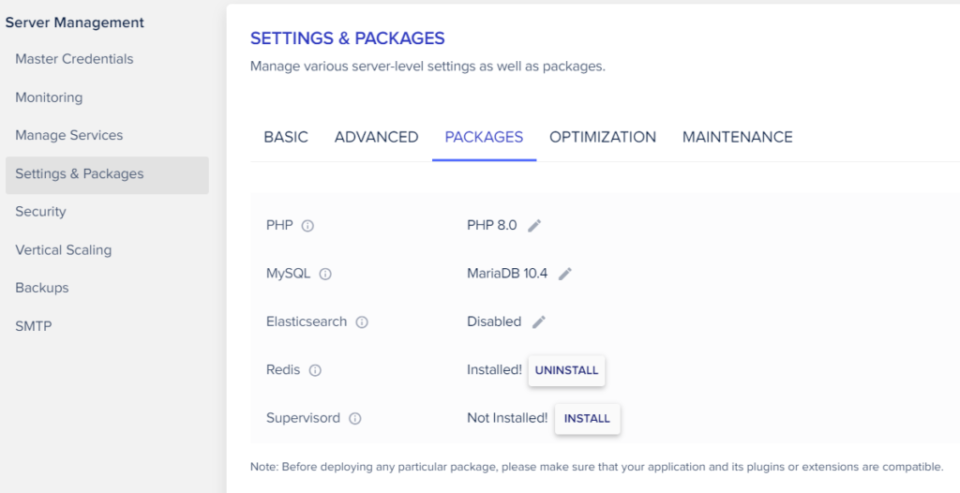 Image of Cloudways servers settings & packages