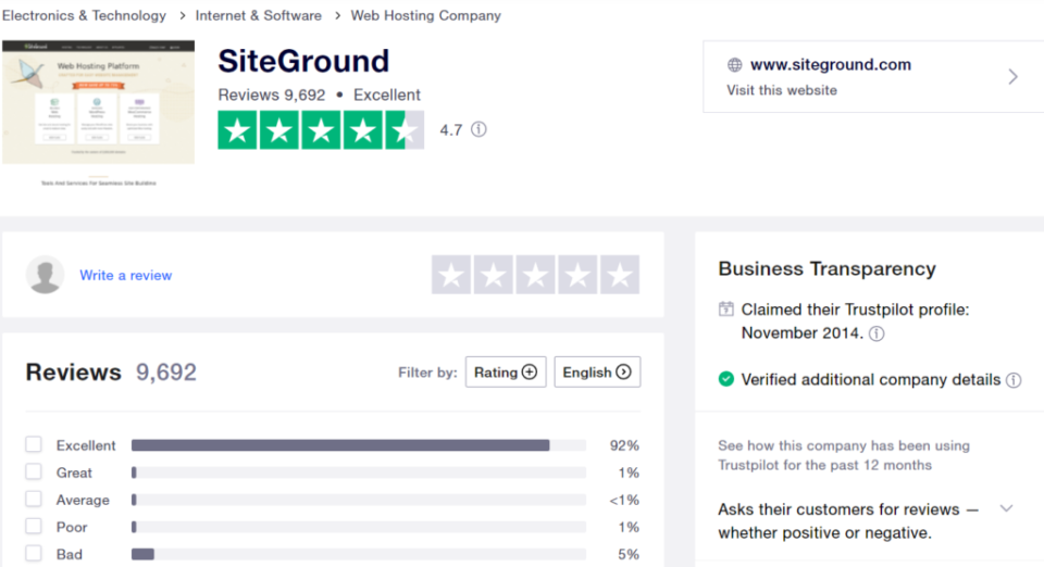 image of Trustpilot reviews of Siteground