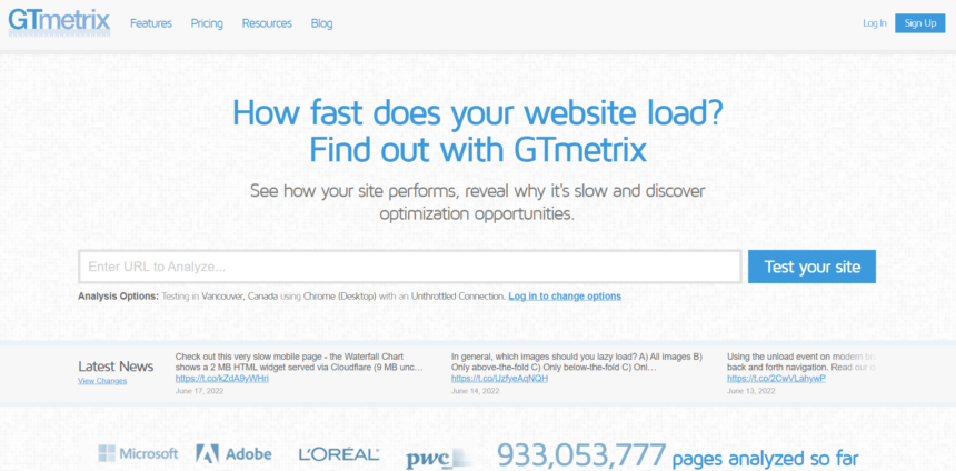 Image of GTmetrix.com landing page