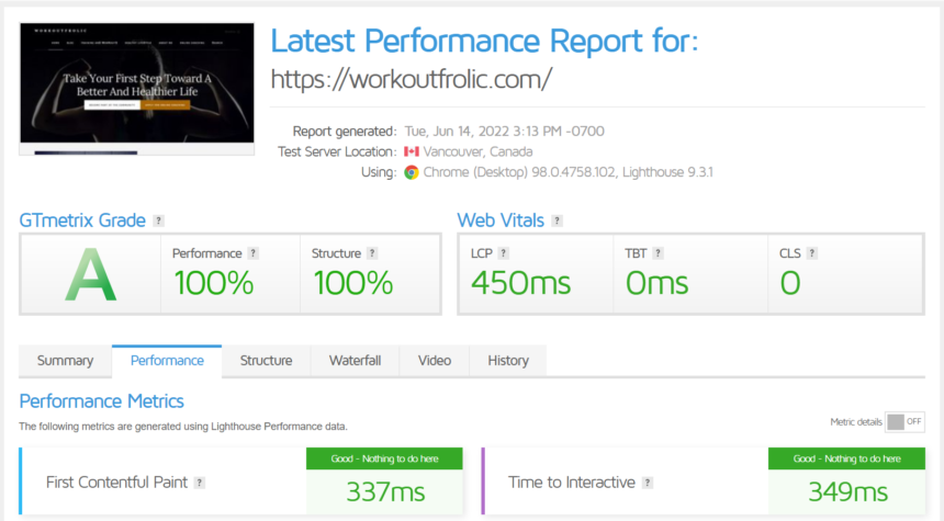 Image of GTmetrix results for Workoutfrolic