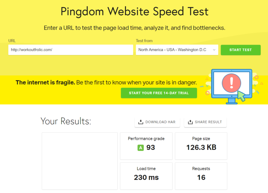Image of Pingdom website test result for Workoutfrolic