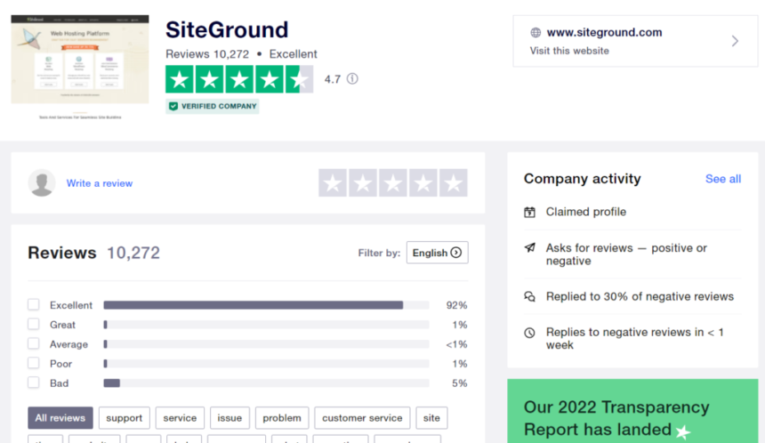 Image of Siteground reviews on Trustpilot